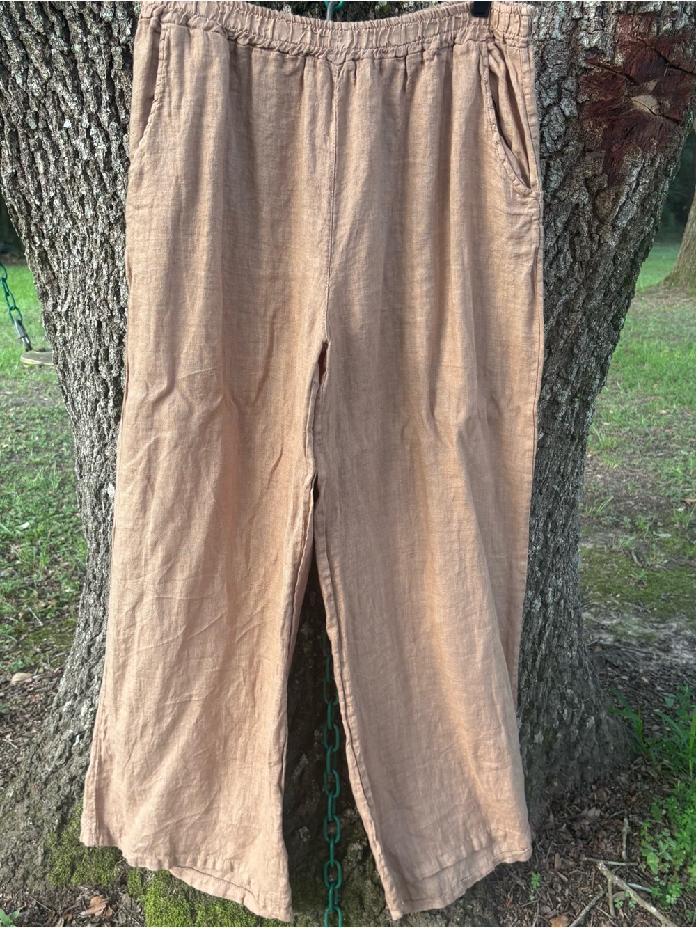 CARRE NOIR TAN CAMEL WIDE LEG ITALIAN LINEN ELASTIC WAIST POCKETS TALL XL PANTS